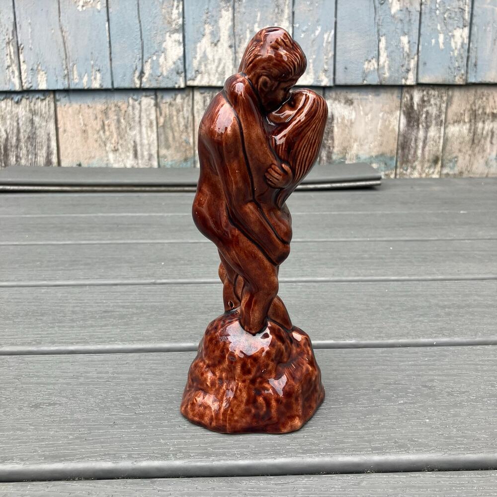 Vintage embracing nude couple brown ceramic statue, romantic bohemian art